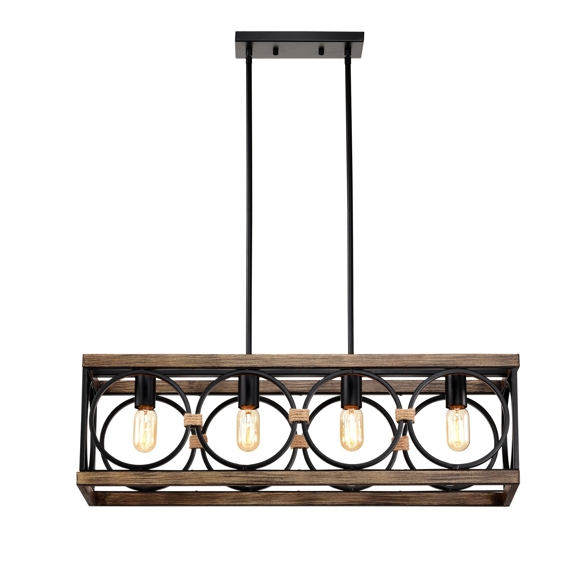 4-Light (Bulb NO Included)Farmhouse Rectangle Pendant Light,31.6"Nature Wood Texture Chandeliers Metal Hanging Light Fixtures