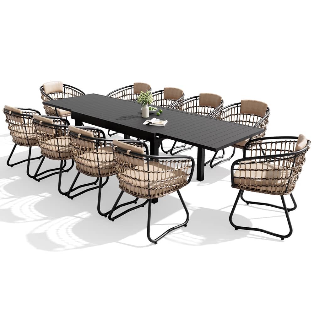 VredHom 11PC Outdoor Patio Extendable Table Dining Sets Table with Rattan Chairs