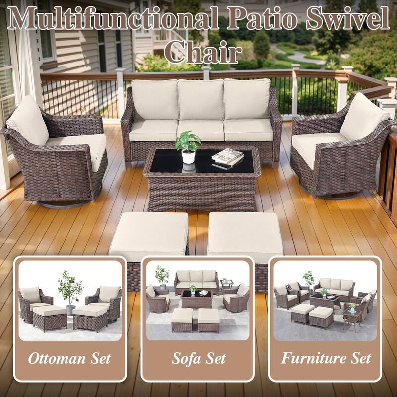 3 Pieces Wicker Swivel Rocking Chairs with Side Table - Brown