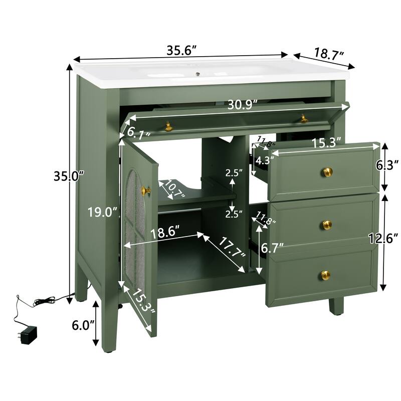 Freestanding 36" Bathroom Vanity Sink Cabinet with Motion-sensor Light Strip, Patterned Glass & Drawers