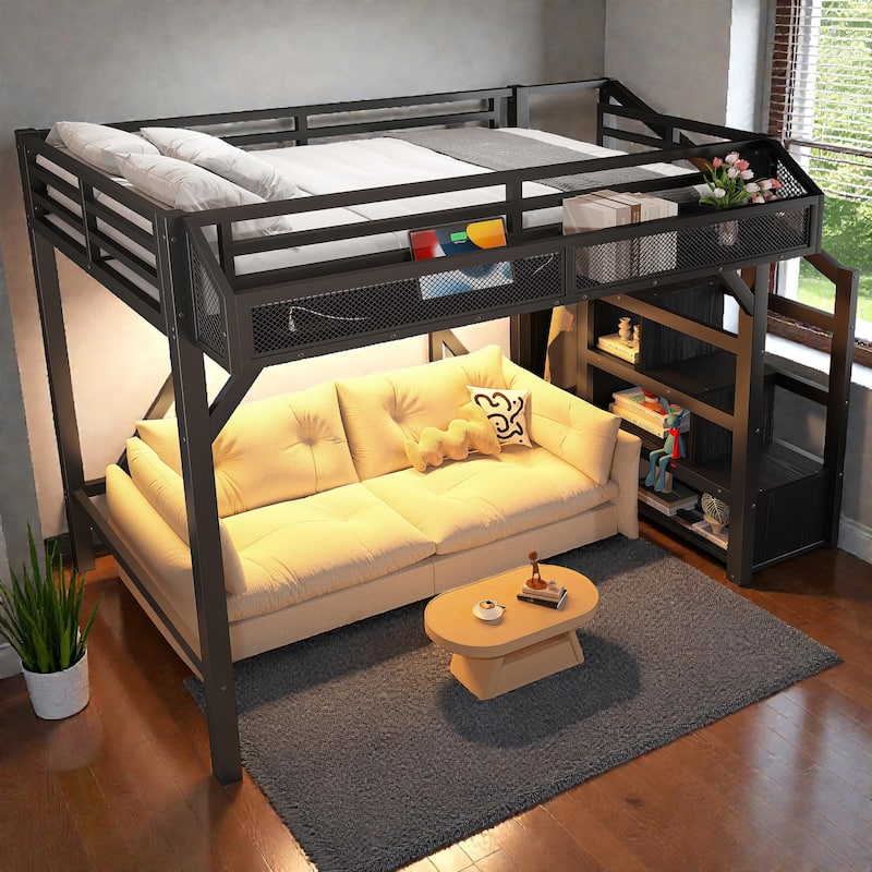 Metal Loft Bed with Storage Stairs, Wardrobe and Shelves, USB Ports and LED Lights, Noise Reduced Frame