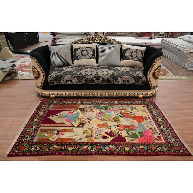 Hand Knotted Oriental 100% Wool Carpet Traditional Pictorial Multi-Colored Kashan Area Rug - 7' 0'' X 4' 4''