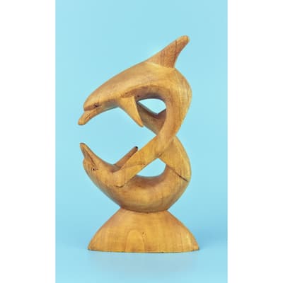 Wooden Hand Carved Dolphins Statue Sculpture Wood Decorative Home Decor Accent Figurine Handcrafted Handmade Seaside Tropical