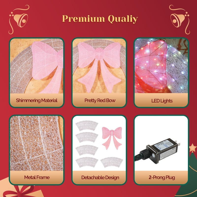 60in Pre-lit Outdoor Christmas Wreath Decoration, Lighted Metal Wreath with Pink Bow,for Front Door Gate Wall Holiday Party