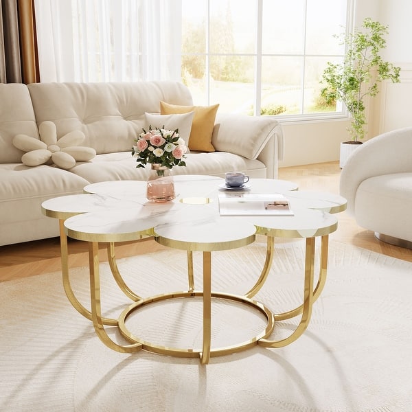 slide 2 of 10, 39.37-inch Modern Flower-Shaped Coffee Accent Table for Living Room Faux Marble White+Gold
