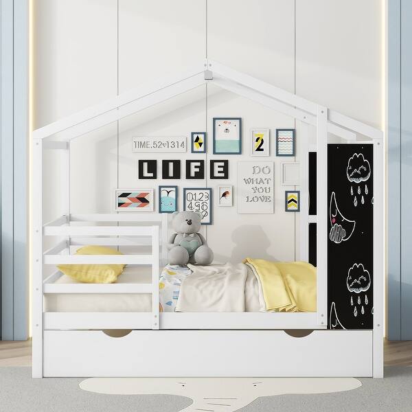 slide 2 of 43, Full Size Wood House Bed Frame with Trundle & Writing Board White - Full