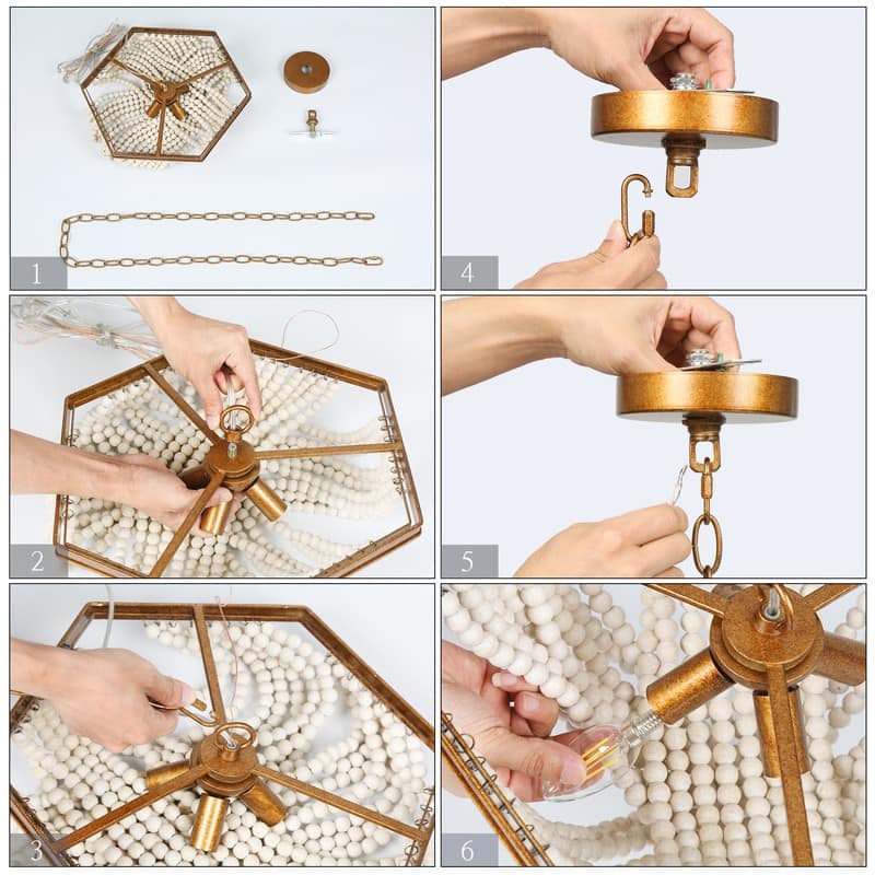 Empire 4-light Wooden Beads Coastal Chandelier Brass Gold Bracket Bedroom Dining Room Lights
