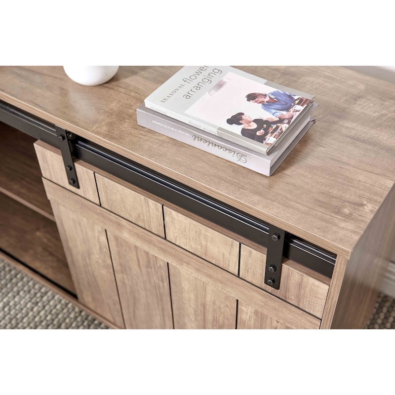 Desk L-Shaped Workstation Home Office Attached Storage Credenza Sliding Barn Door Finished On The Back Reversible
