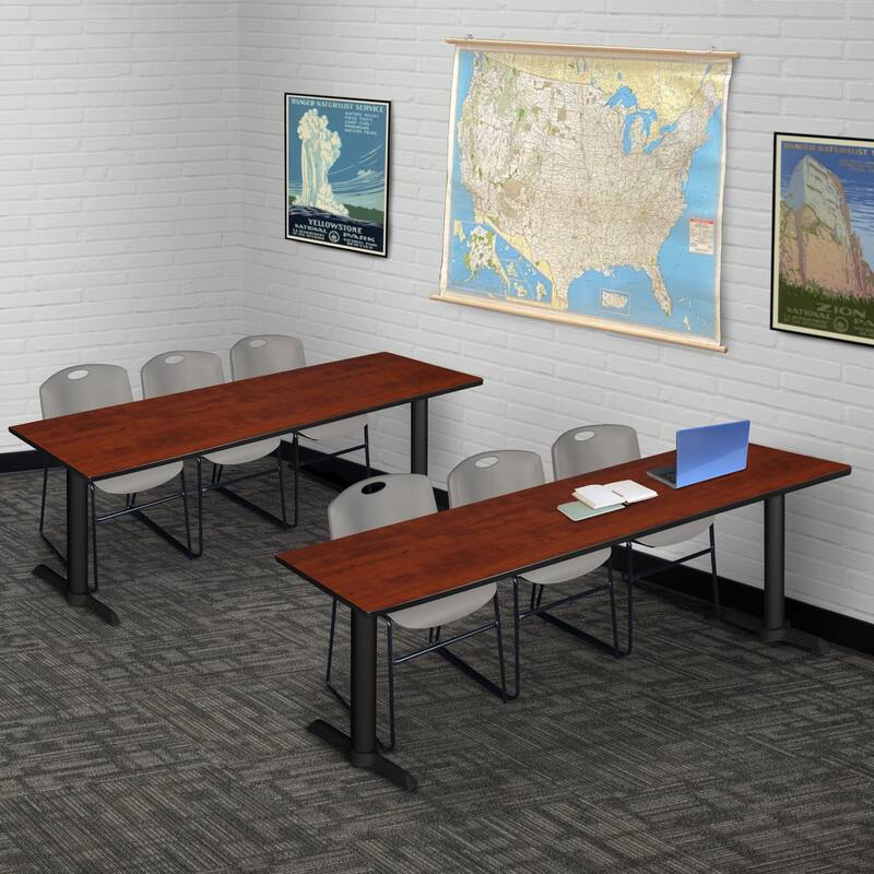 84" x 24" Training Table- Cherry & 3 Stack Chairs- Grey