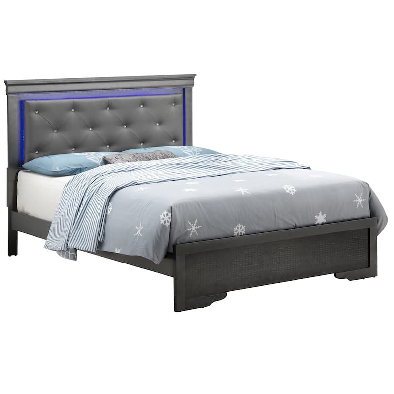 Metallic Upholstered Jewel Tufted Queen Panel Bed with LED Lights - 85" - Black