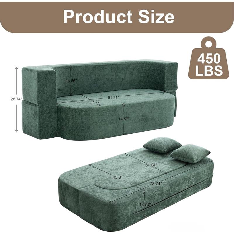 3-Seater Convertible Sofa Bed, Chenille Fabric Sleeper Sofa, High-Density Sponge Daybed, No Assembly Required