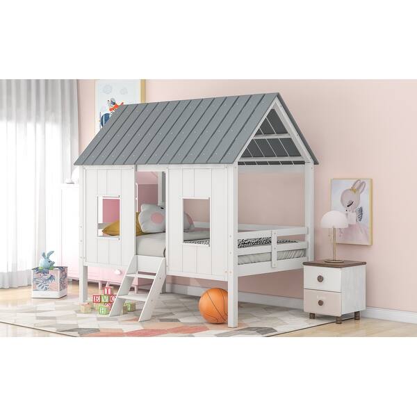 slide 2 of 14, Twin Low Loft House Bed with Roof and Windows, Fun Play Design White - Twin