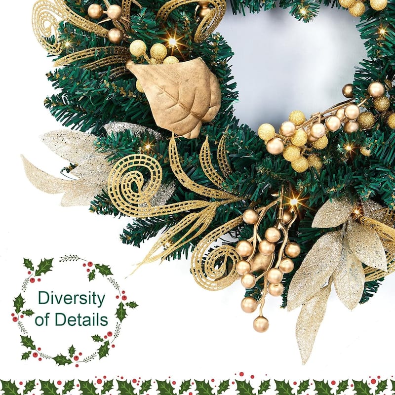 18 inch Pre-Lighted Christmas Wreath with Golden Leaves - N/A