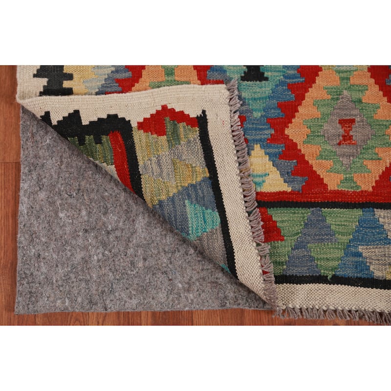 Hand Woven Oriental 100% Wool Carpet Southwestern All-Over Multi-Colored Kilim Runner Rug - 12' 7'' X 2' 8''