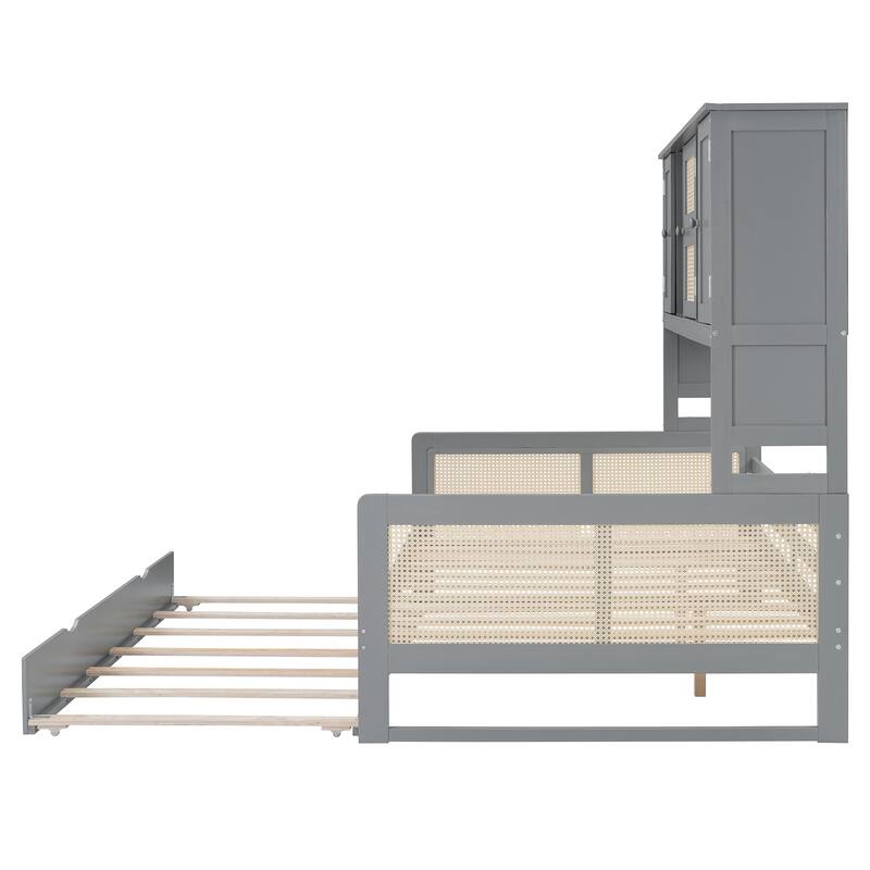 Wooden Daybed with Twin Trundle, Boho Style Rattan and Pinewood Platform Sofa Bed with All in One Cabinet and Shelf