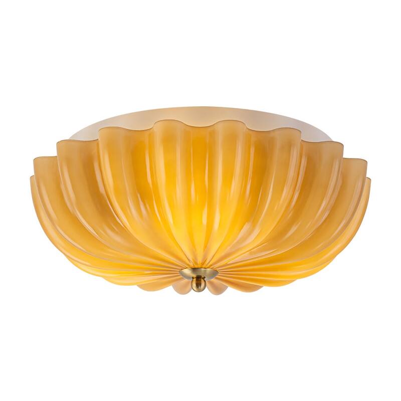 Caramel Brown Art Glass Flower Scalloped Round Ceiling Light - 11.8 Inches