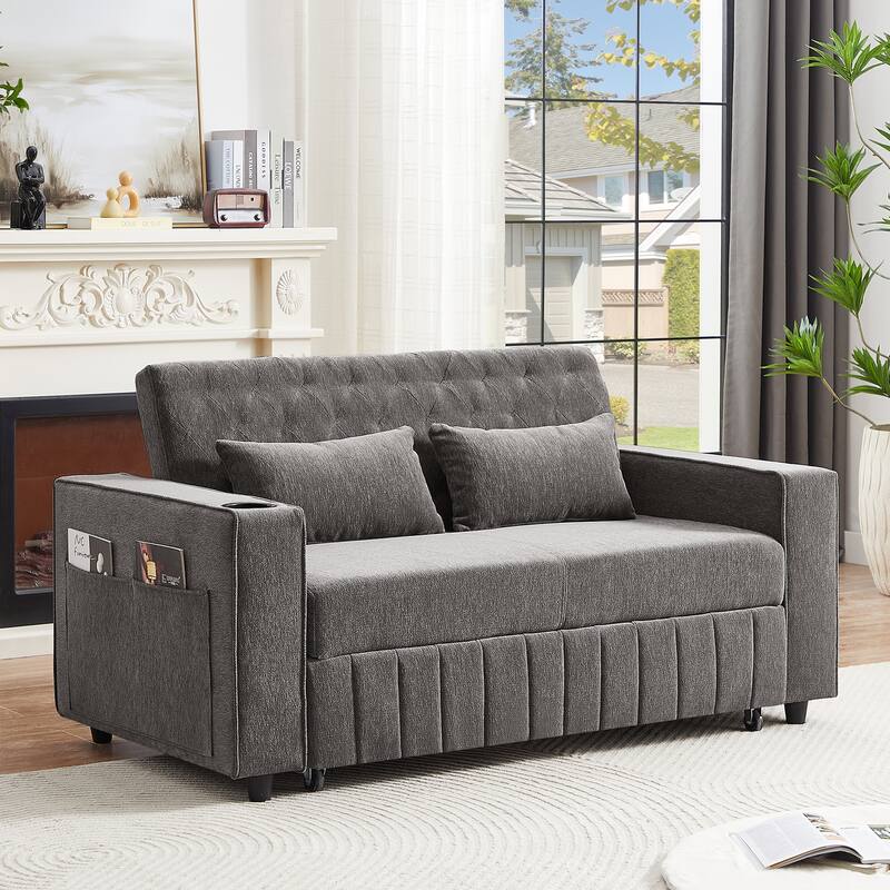 61.41" Chenille Convertible Sofa Bed with Adjustable Backrest, USB & Cup Holders