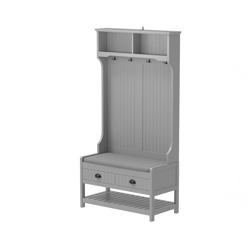 3-in-1 Hallway Hall Tree with 2 Storage Drawers, 4 Coat Hooks, Padded Bench Cushion, Entryway Shoe Rack with Top Shelves