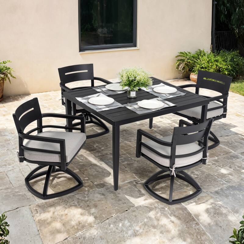 5 Piece Outdoor Aluminum Dining Furniture Set Including 4 Swivel Rockers Chairs and 40" Square Dining Table with Umbrella Hole - Ember Black