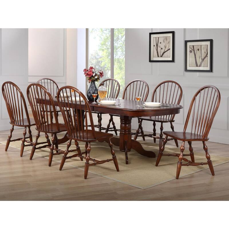 set of 2 chestnut brown curved spindle back wooden dining chairs 41"