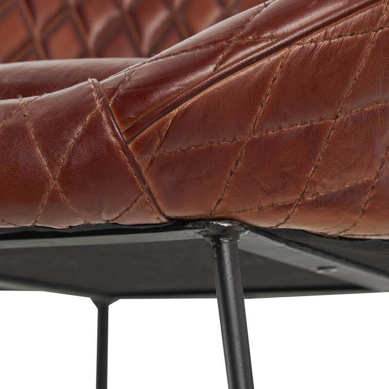 Leather Round Diamond Tufted Bar Stool with High Back and Black Metal Legs - Set of 2 Brown or Dark Brown - Roche River Decor