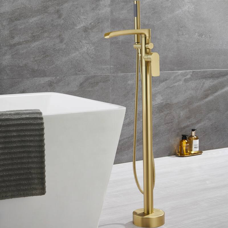 Single Handle Floor Mounted Freestanding Waterfall Tub Filler with Handheld Shower