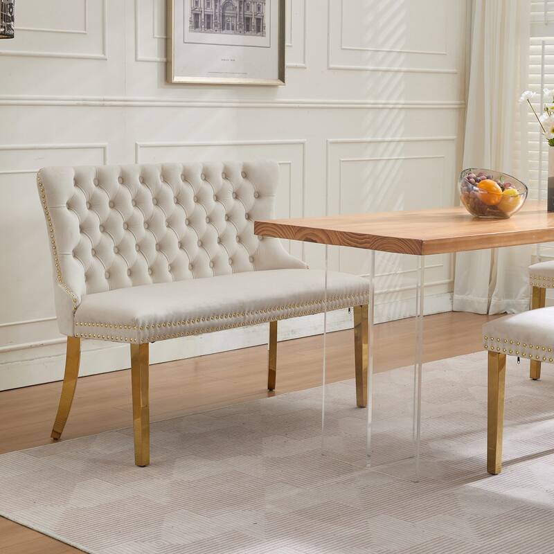 Roomfitters Upholstered Loveseat Bench with Nailhead Trim and Gold Metal Legs, Modern High Back Settee for Dining Room, Beige