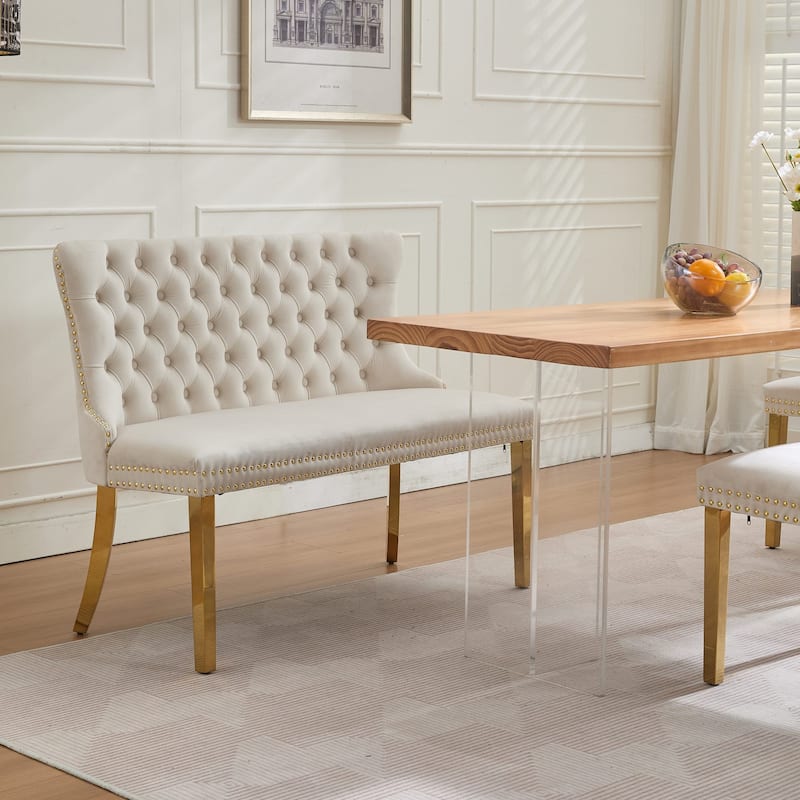 Velvet Double Dining Loveseat Bench, 2-Seat Tufted Bench w/Handmade Buttons, Wing Back, Gold-Plated Steel Legs, Single Pack