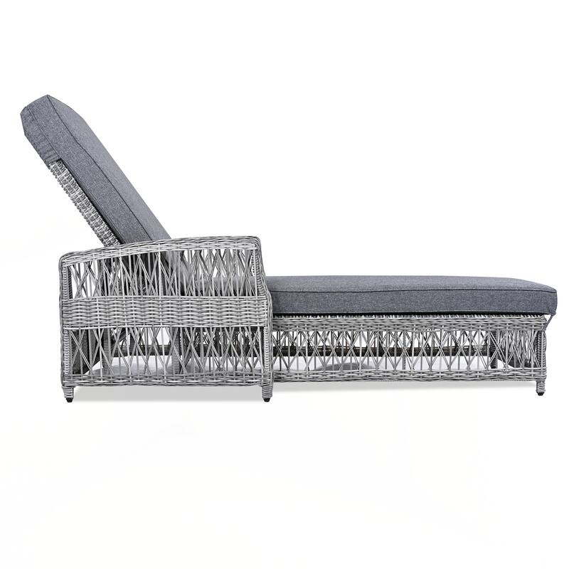 Outdoor Long Reclining Chaise, Wicker Lounge with Armrests, Patio Adjustable Recliner with Soft Removable Cushions - Grey