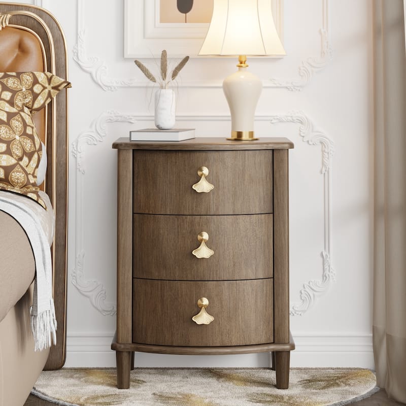 COZAYH Elegant 3-Drawer Nightstand with Gold Leaf Handles, Vintage Curved Front Design, Distressed Finish - Brown