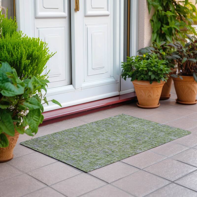 Machine Washable Indoor/ Outdoor Chantille Floral Rug - Olive - 1'8" x 2'6"