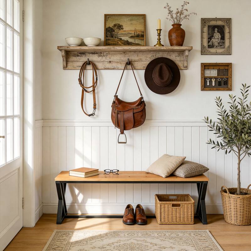Solid Wood Entryway Bench With Metal Legs