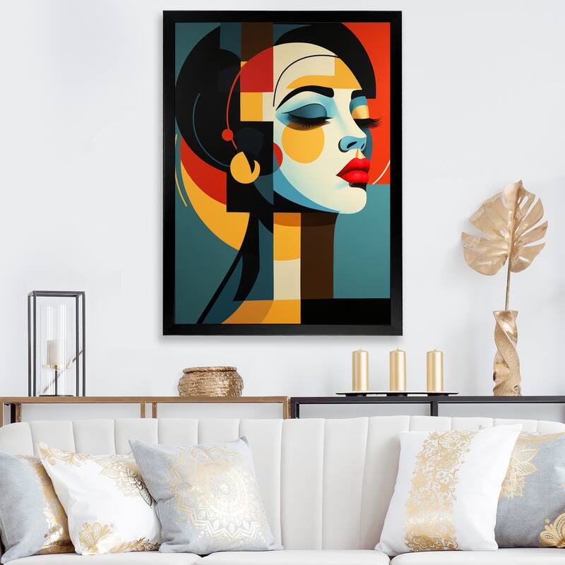 Designart "Geometric Art Deco Portrait Of Gracious Woman" Fashion Woman Framed Wall Art Prints - 34 in. wide x 44 in. high - Black