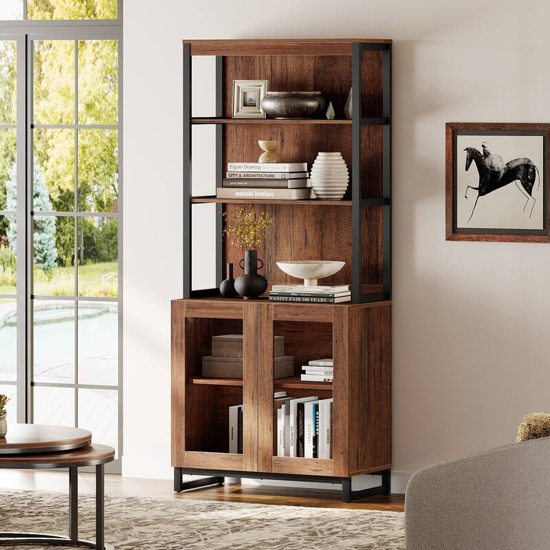 Modern 72" Tall Bookcase with Glass Doors and Adjustable Shelves for Home Office, Living room. - 7'9" x 9'9" - Brown