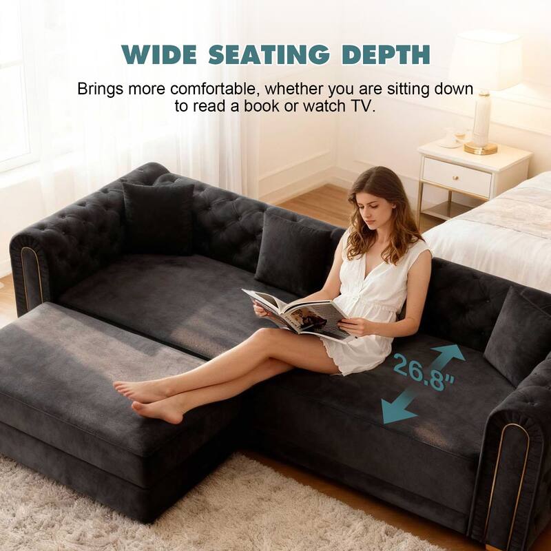 90.6" Velvet Pull Out Sofa Bed, 3-in-1 Convertible Sleeper Sofa with Movable Ottoman, Modern Button Tufted Chesterfield Sofa