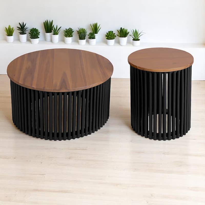 2-Piece Acacia Wood Coffee Table and Side Table Set, Round Tables with Solid Wood Base,End tables,Rustic Living Room Furniture