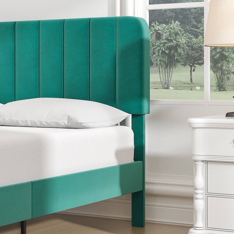 VECELO Velvet Upholstered Bed Frame with Vertical Channel Tufted Headboard, Adjustable Headboard, Wooden Slats Support