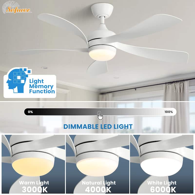 45 Inch / 52 Inch White Ceiling Fan with Dimmable LED Light and Remote, 6-Speed Reversible DC Motor, ABS Blades
