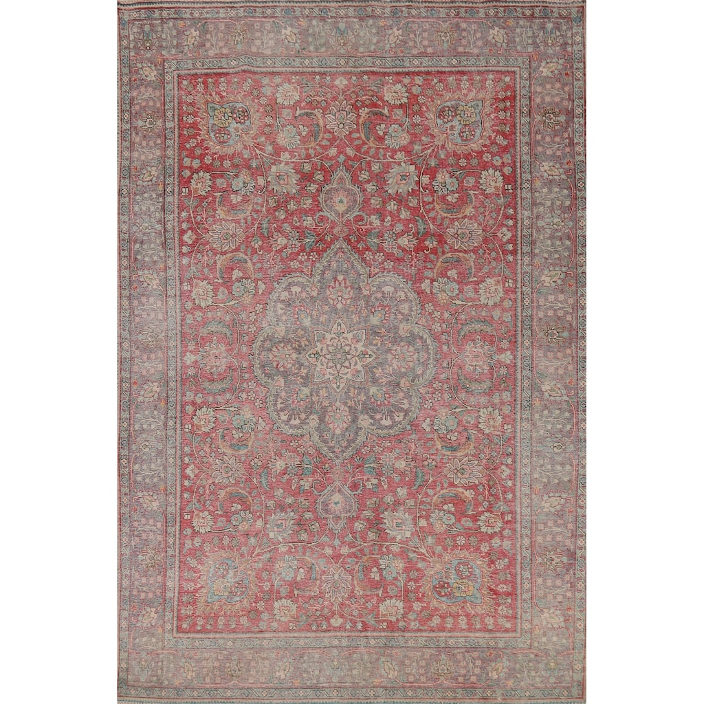 Tabriz Persian Vintage Rug Hand-Knotted Pink Traditional Wool Carpet - 6'9" x 10'3"