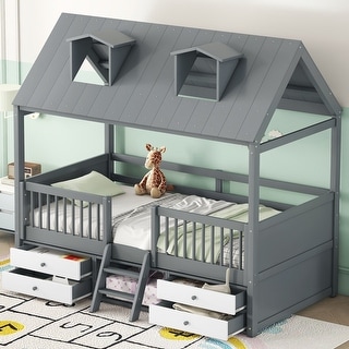 Twin/Full Low House Bed with 2-Step Ladder, Roof & Fence, Wood Kids Playhouse Tent Bed Frame with Four Storage Drawers & Shelves