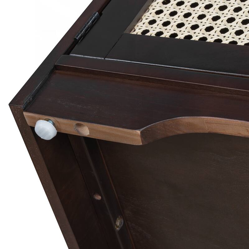 Rustic Storage Bench Multifunctional Wood Entryway Shoe Bench with Removable Cushion, Woven Rattan Doors & Adjustable Shelves