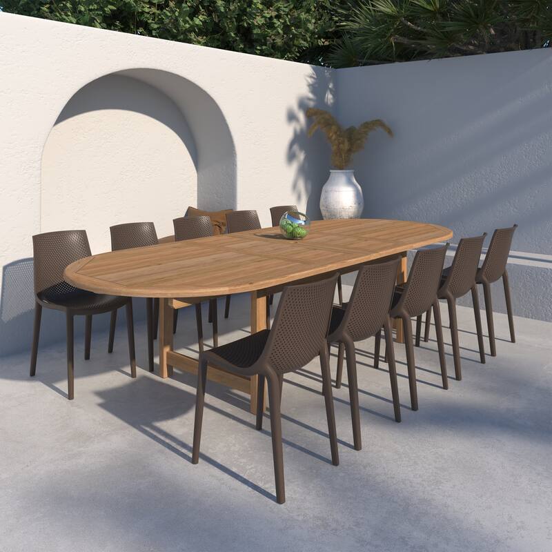Amazonia 11pc Outdoor Patio Teak and Resin Dining Set - Brown Chairs