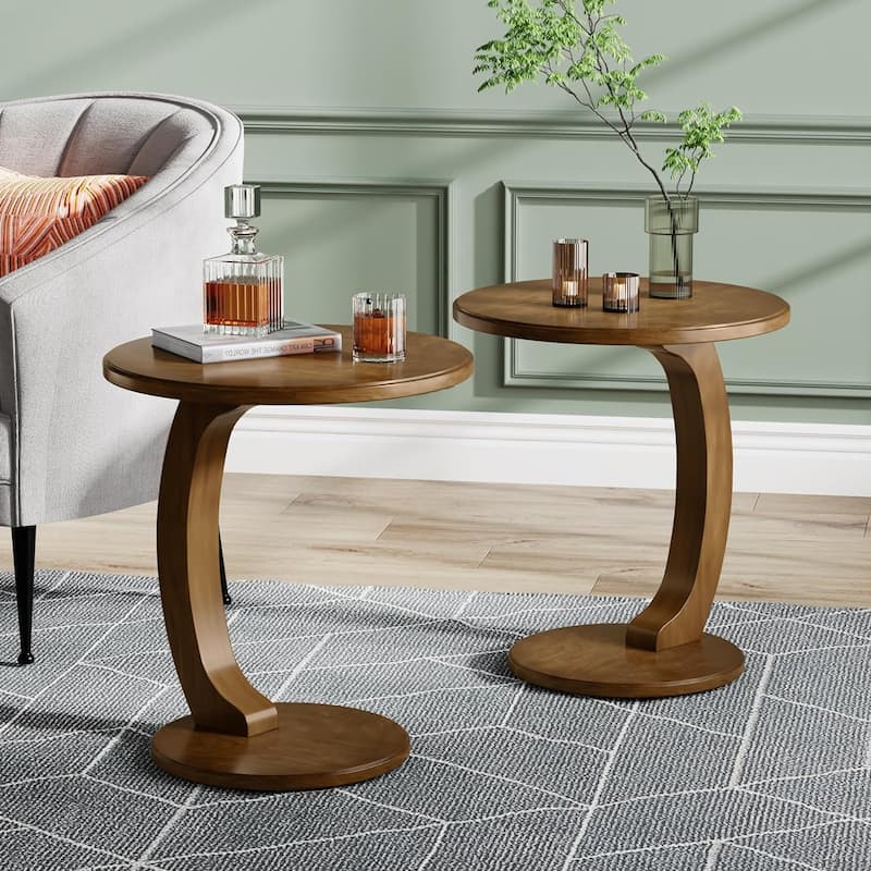 Solid Wood Round End Table Mid Century C-Shaped Side Table for Living Room & Bedroom - 2 pcs - Brown