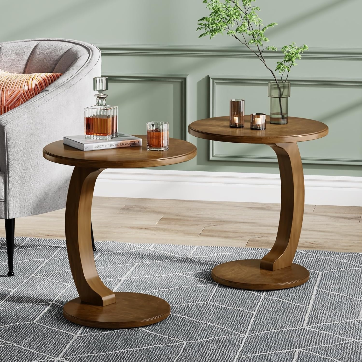 Solid Wood Round End Table Mid Century C Shaped Side Table for Living Room Bedroom