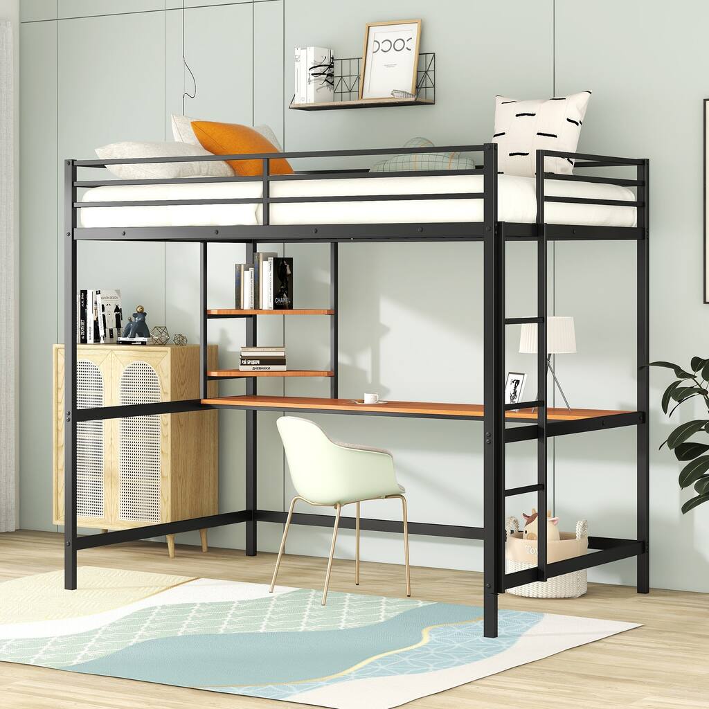 Full Metal Loft Bed with Desk and Shelve