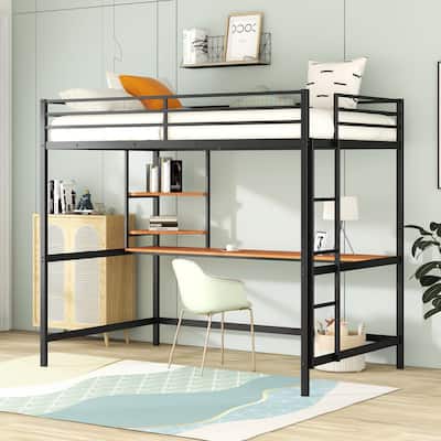 Full Size Metal Loft Bed with Desk, Ladder & Shelf