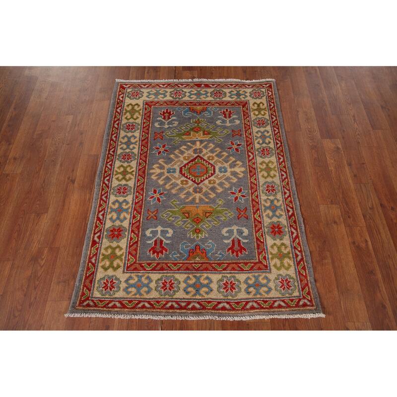 Geometric Gray Kazak Accent Rug Hand-Knotted Wool Carpet - 2'10" x 3'10"
