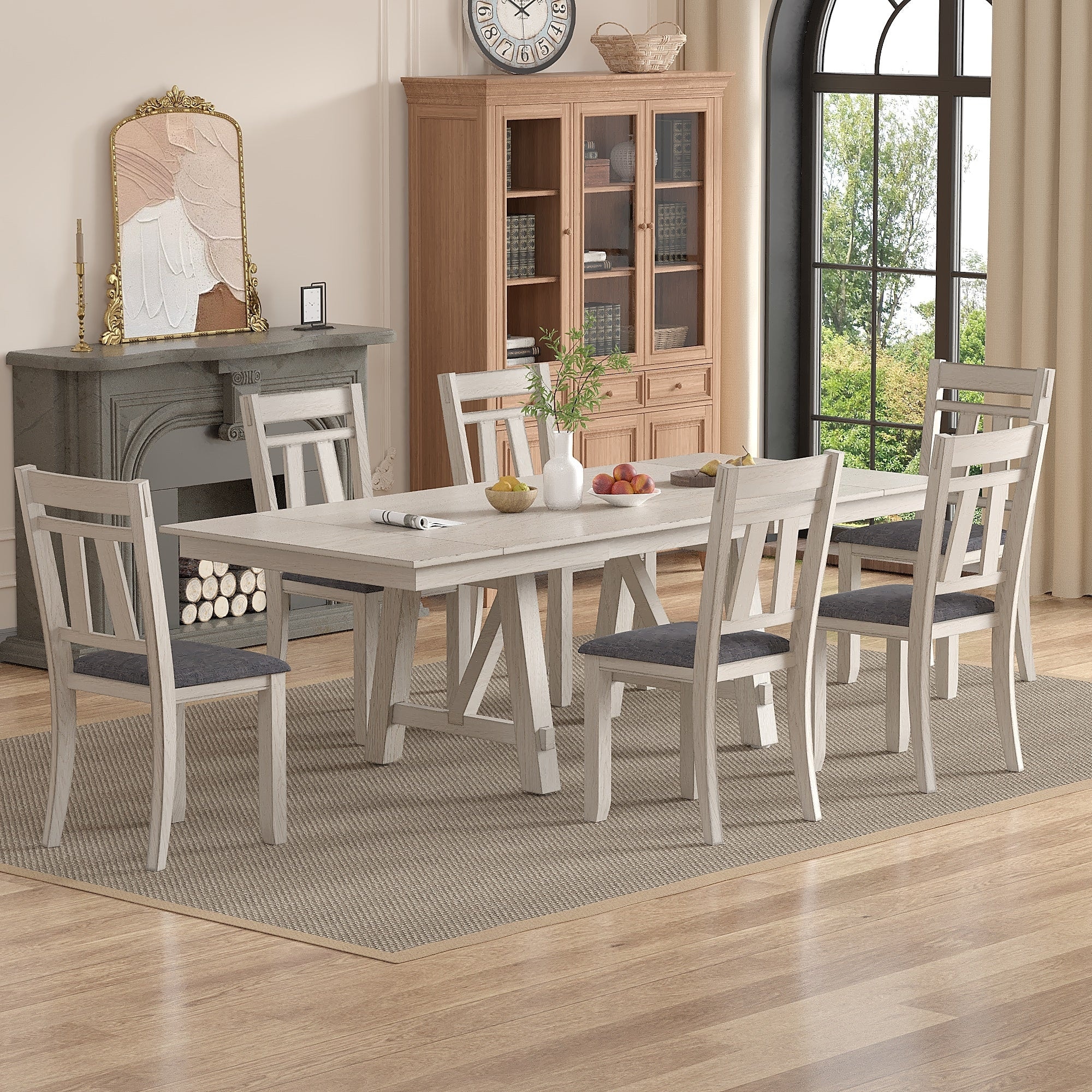VECELO 7-Piece Dining Table Set, Solid Wood Rectangular Extendable