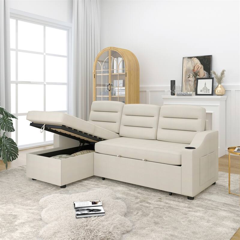 83.5" Polyester Convertible Combo Sofa w/ Storage Recliner and Holder