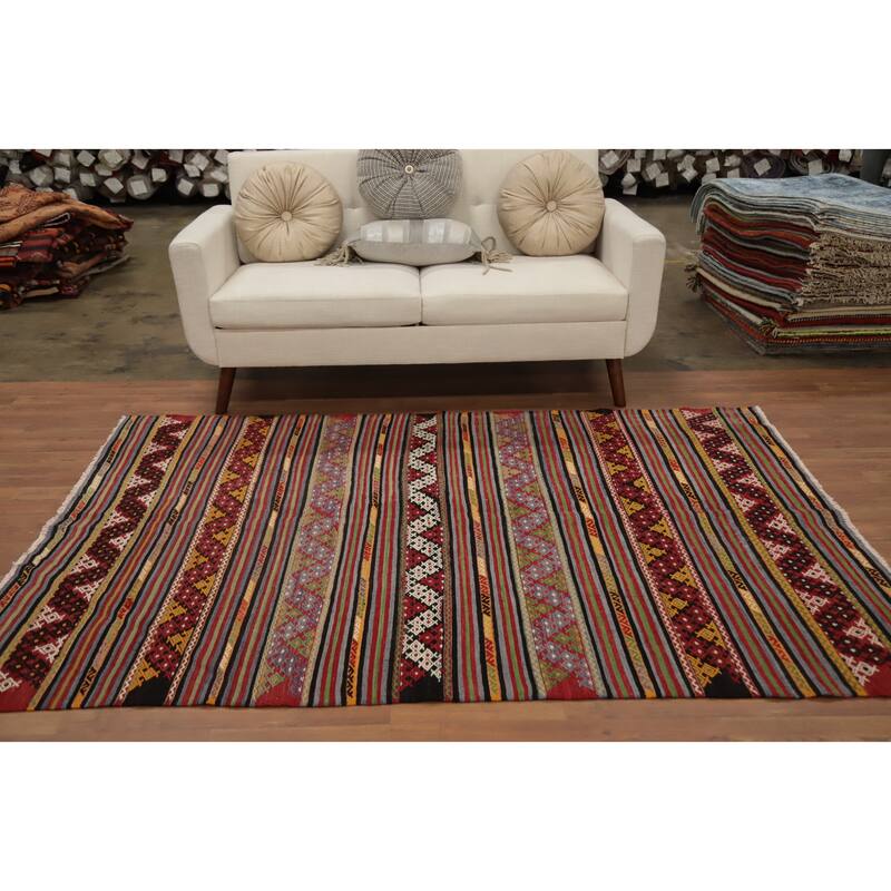 Hand Woven Oriental 100% Wool Carpet Southwestern Tribal Multi-Colored Kilim Area Rug - 7' 2'' X 5' 0''